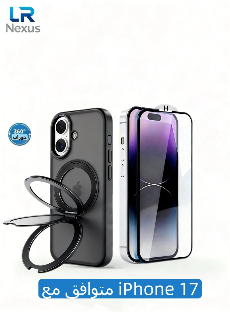 LR Nexus iPhone 17 phone case with 360-degree rotatable stand - MagSafe magnetic phone case, comes with high-definition tempered glass screen protector, Free Tempered Glass Included!(black) - Image 1